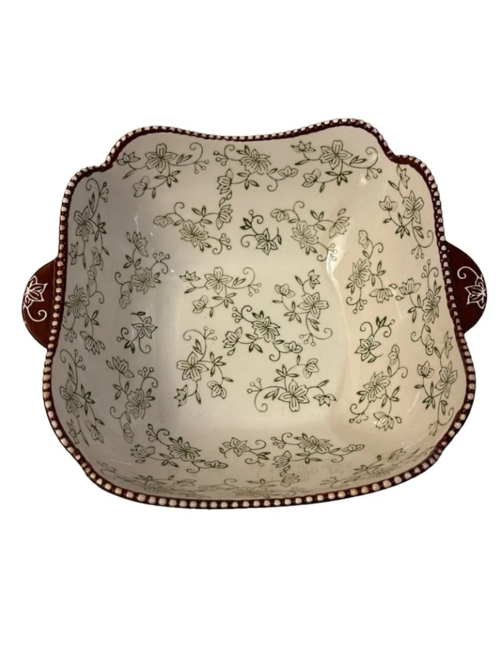 Temp-Tations Green Floral Lace 2.5 Qt Serving Bowl with Wire Stand 10x 10” READ